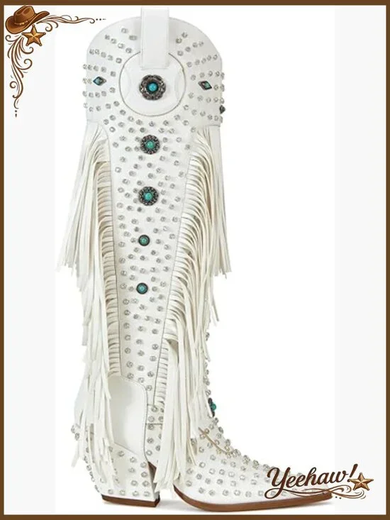Western Cowgirl Boots with Rhinestones and Fringe, Pointed Toe, Knee-High - Picture 1 of 7